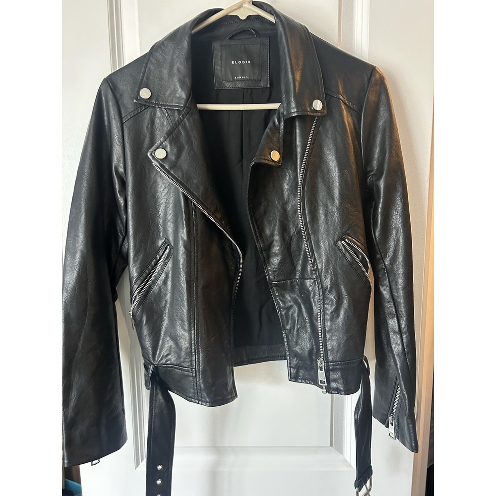 ELODIE black faux leather belted moto women's‎ jacket size XS